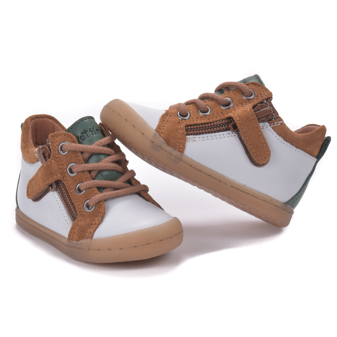 Chaussures bébé premiers pas mixte cuir - Tino blanc et camel - Trottino